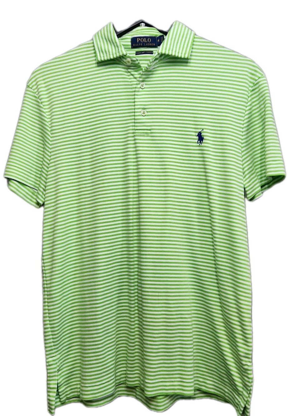 Polo Ralph Lauren Men Size M Green/White Striped Short Sleeved Collared Pony
